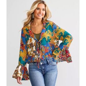 Willow & Root Paisley Tie Front Blouse Large Multi Color Excellent Bell Sleeve